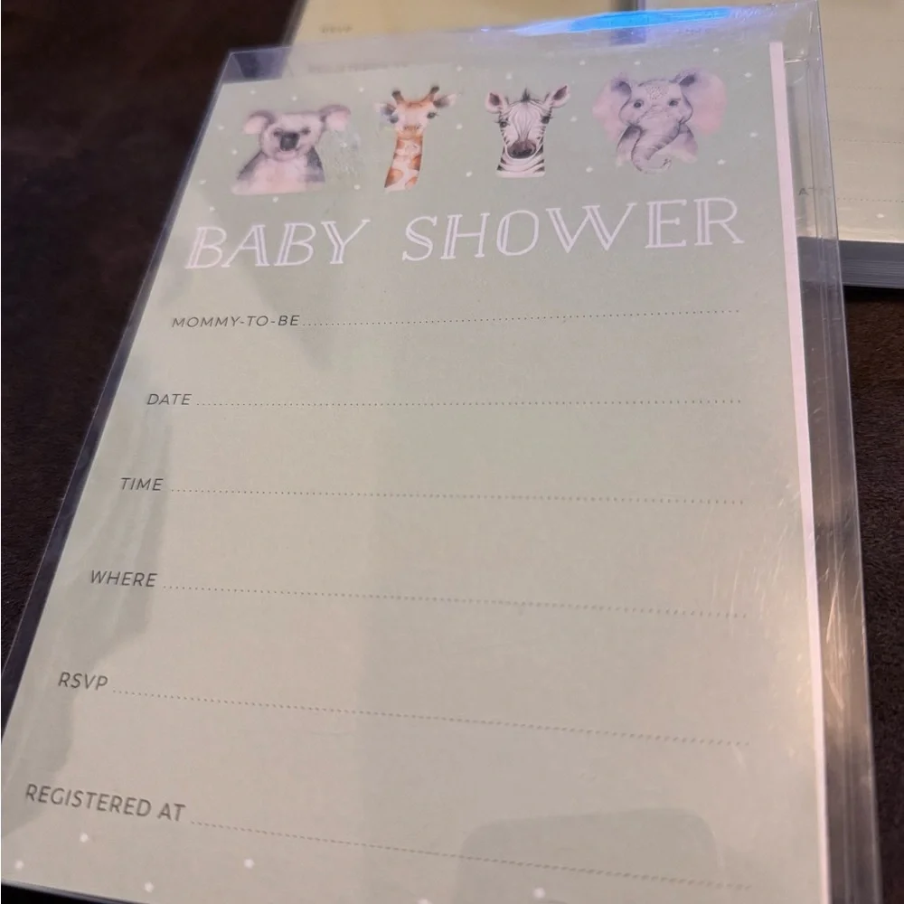 36 Baby Shower Invitations – Pistachio Green w/ White Lettering & Zoo Animals